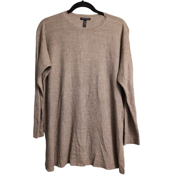 Eileen Fisher Round Neck Pullover Sweater Organic Linen Khaki Ribbed Size M New - Picture 2 of 11